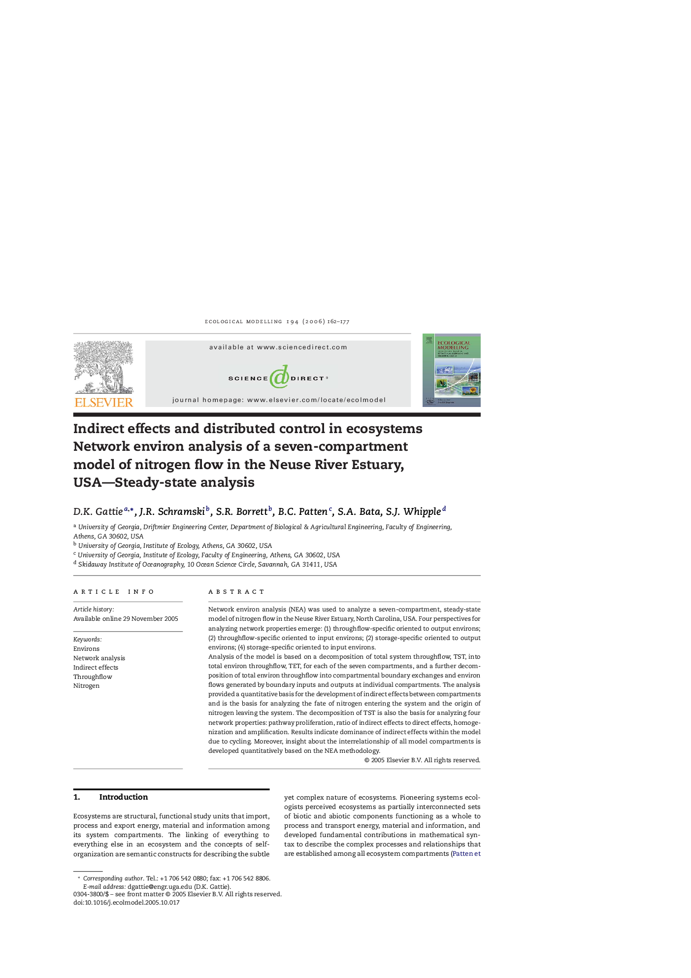 Indirect effects and distributed control in ecosystems: Network environ analysis of a seven-compartment model of nitrogen flow in the Neuse River Estuary, USA—Steady-state analysis