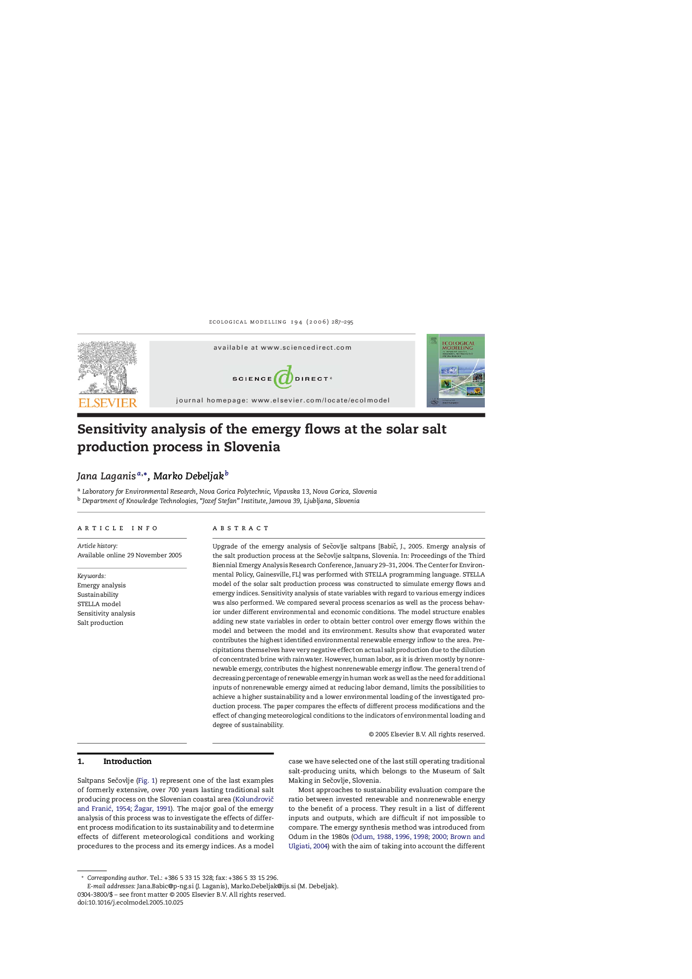 Sensitivity analysis of the emergy flows at the solar salt production process in Slovenia