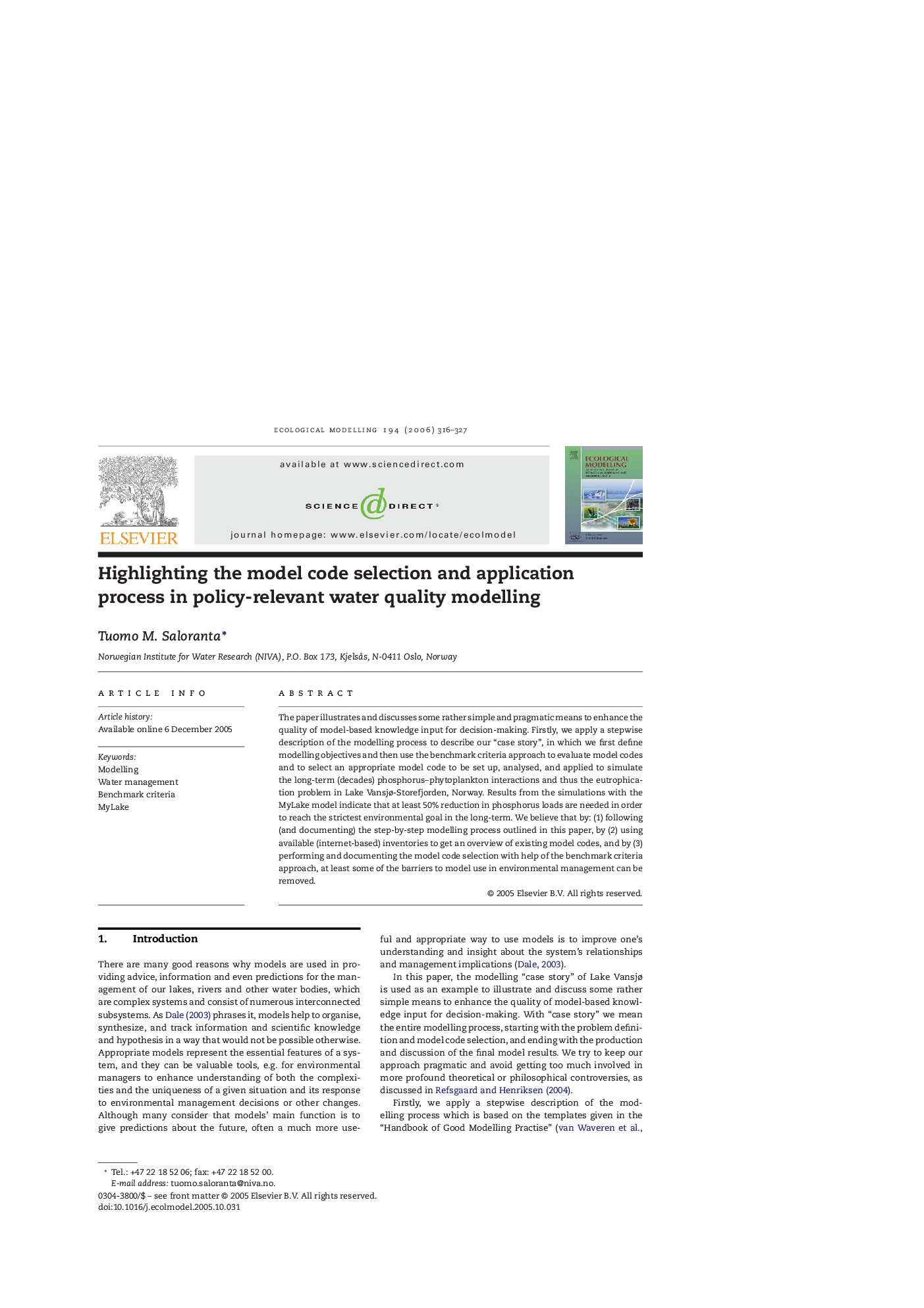 Highlighting the model code selection and application process in policy-relevant water quality modelling