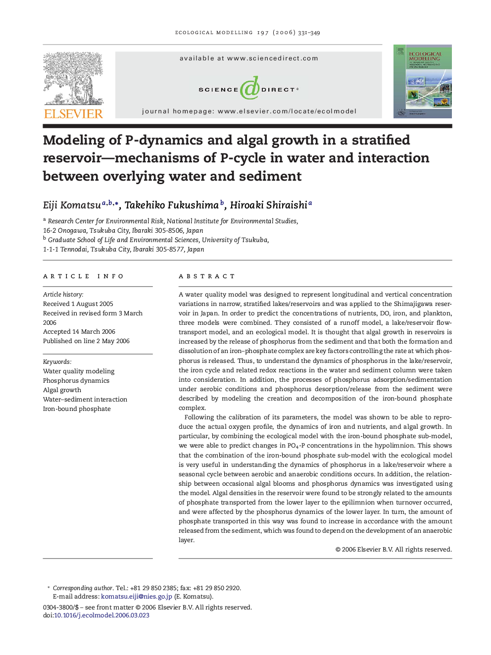 Modeling of P-dynamics and algal growth in a stratified reservoir—mechanisms of P-cycle in water and interaction between overlying water and sediment