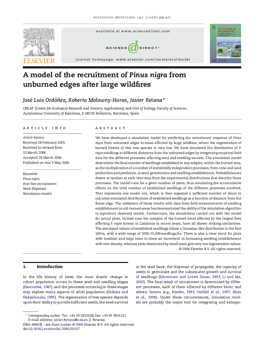 A model of the recruitment of Pinus nigra from unburned edges after large wildfires