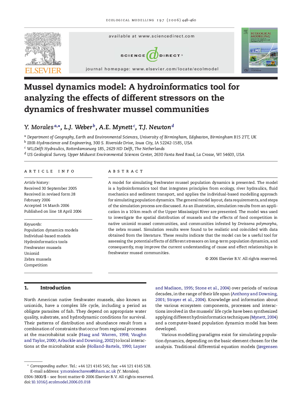 Mussel dynamics model: A hydroinformatics tool for analyzing the effects of different stressors on the dynamics of freshwater mussel communities