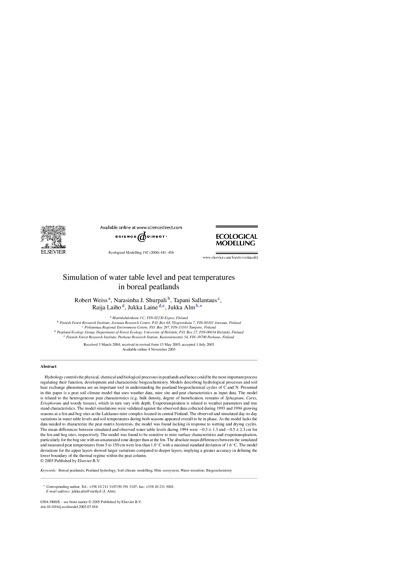 Simulation of water table level and peat temperatures in boreal peatlands