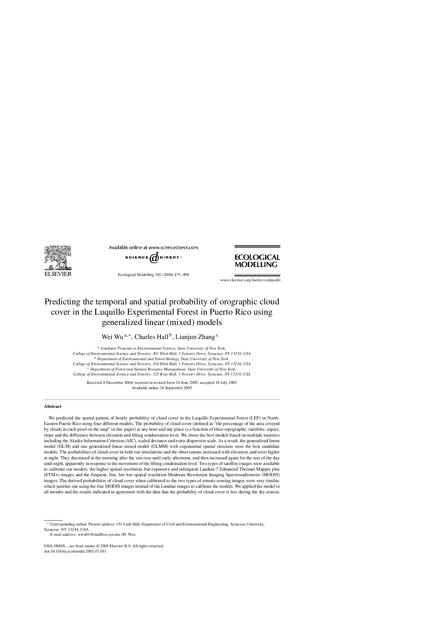 Predicting the temporal and spatial probability of orographic cloud cover in the Luquillo Experimental Forest in Puerto Rico using generalized linear (mixed) models