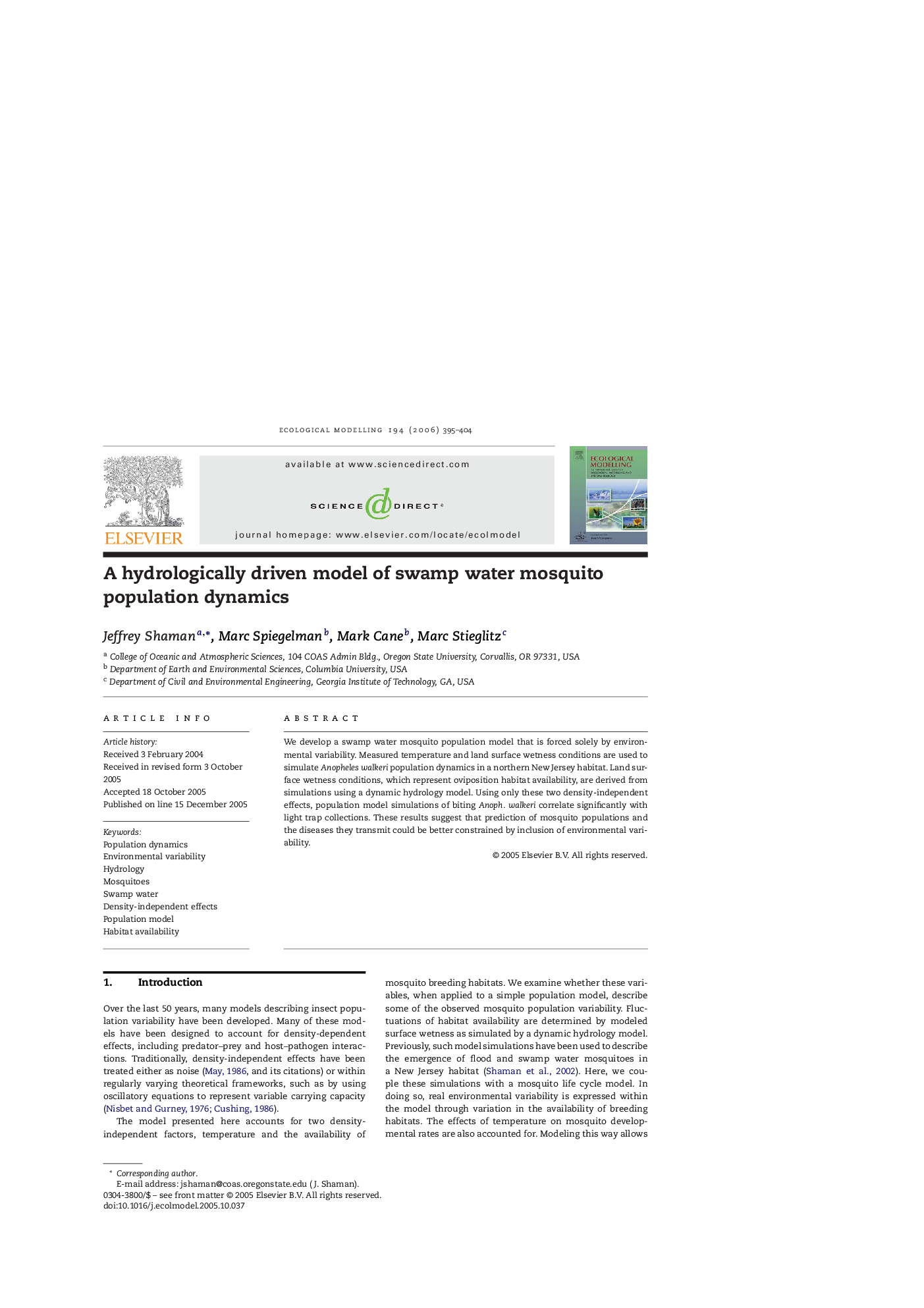 A hydrologically driven model of swamp water mosquito population dynamics