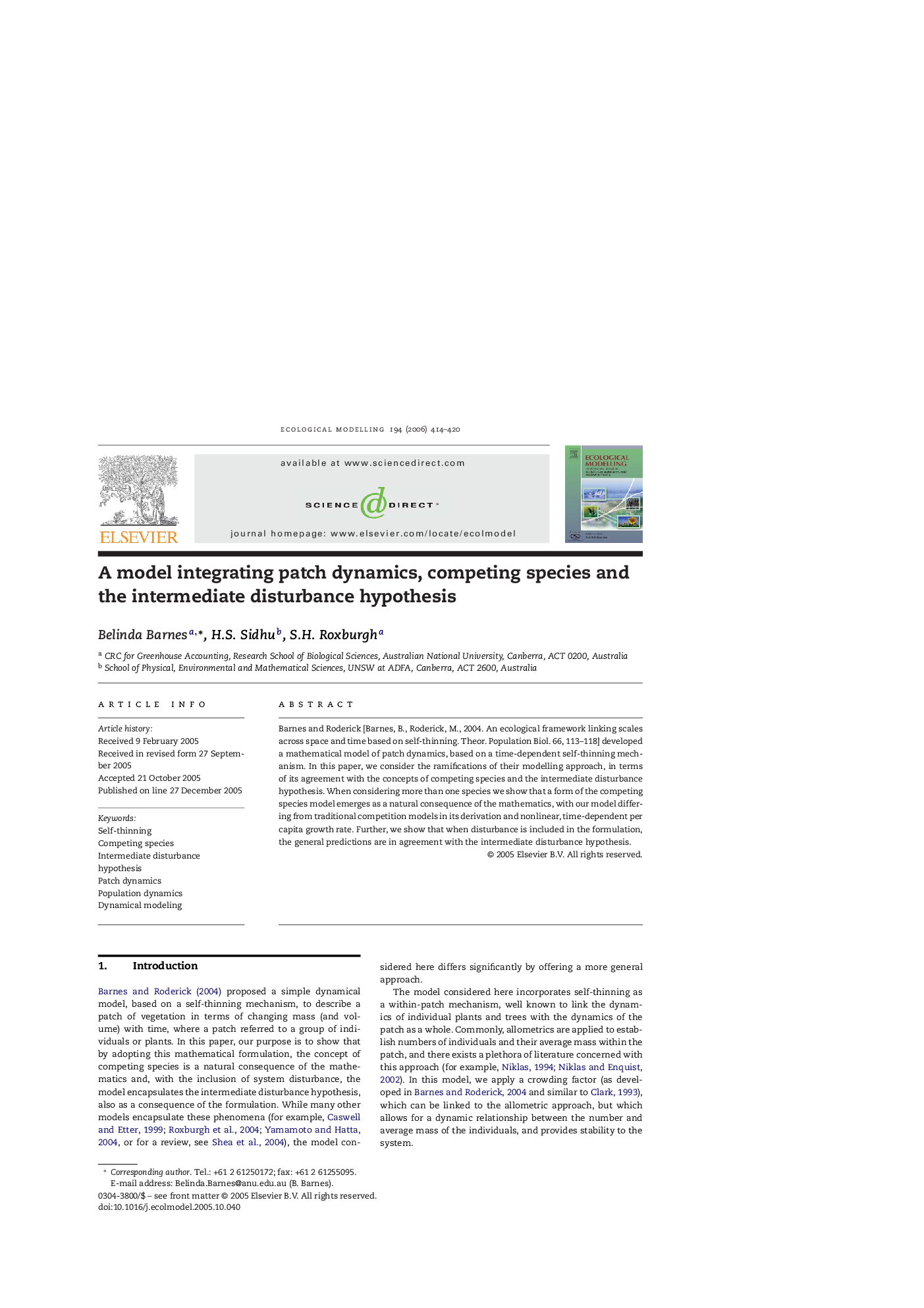 A model integrating patch dynamics, competing species and the intermediate disturbance hypothesis