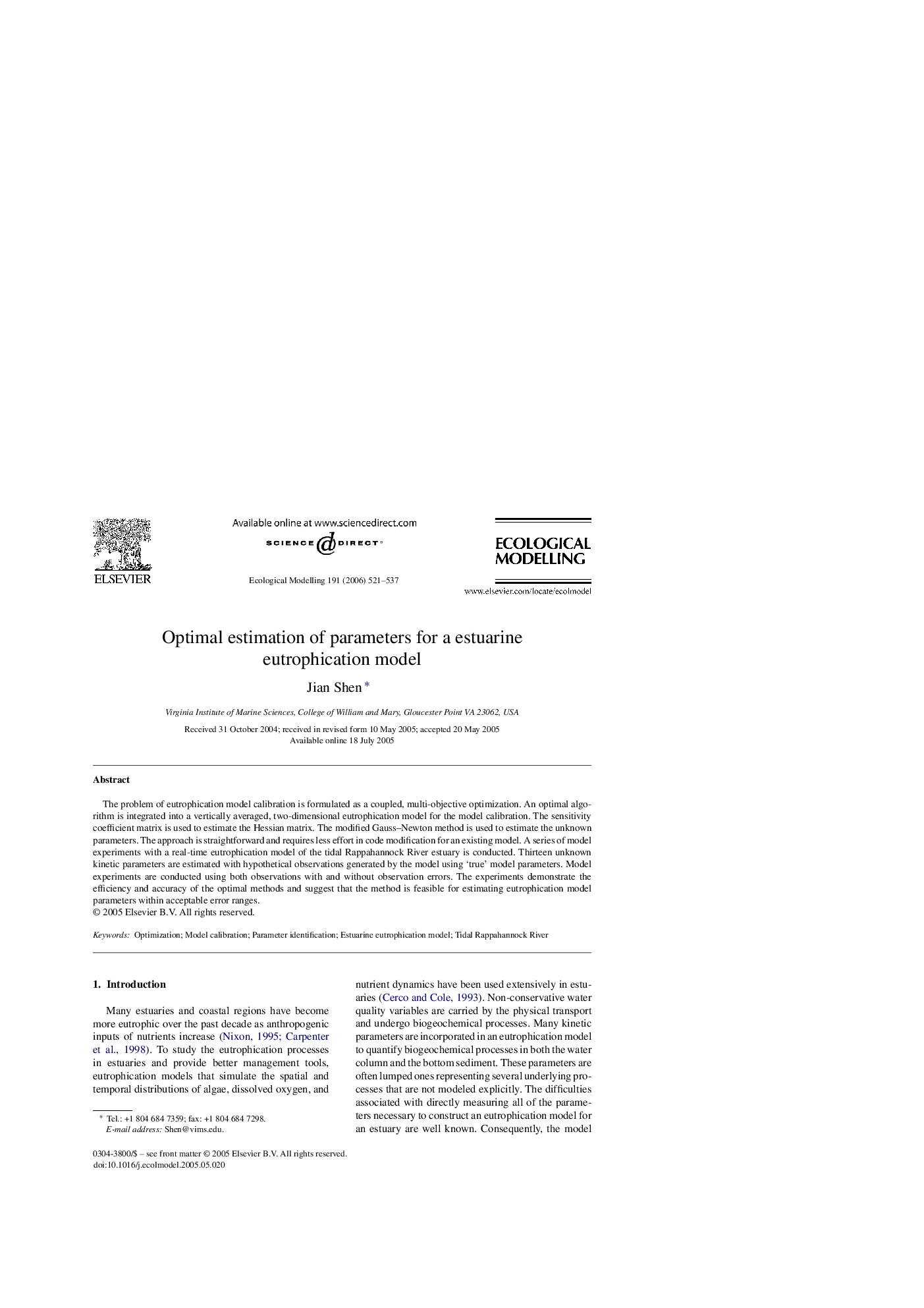 Optimal estimation of parameters for a estuarine eutrophication model