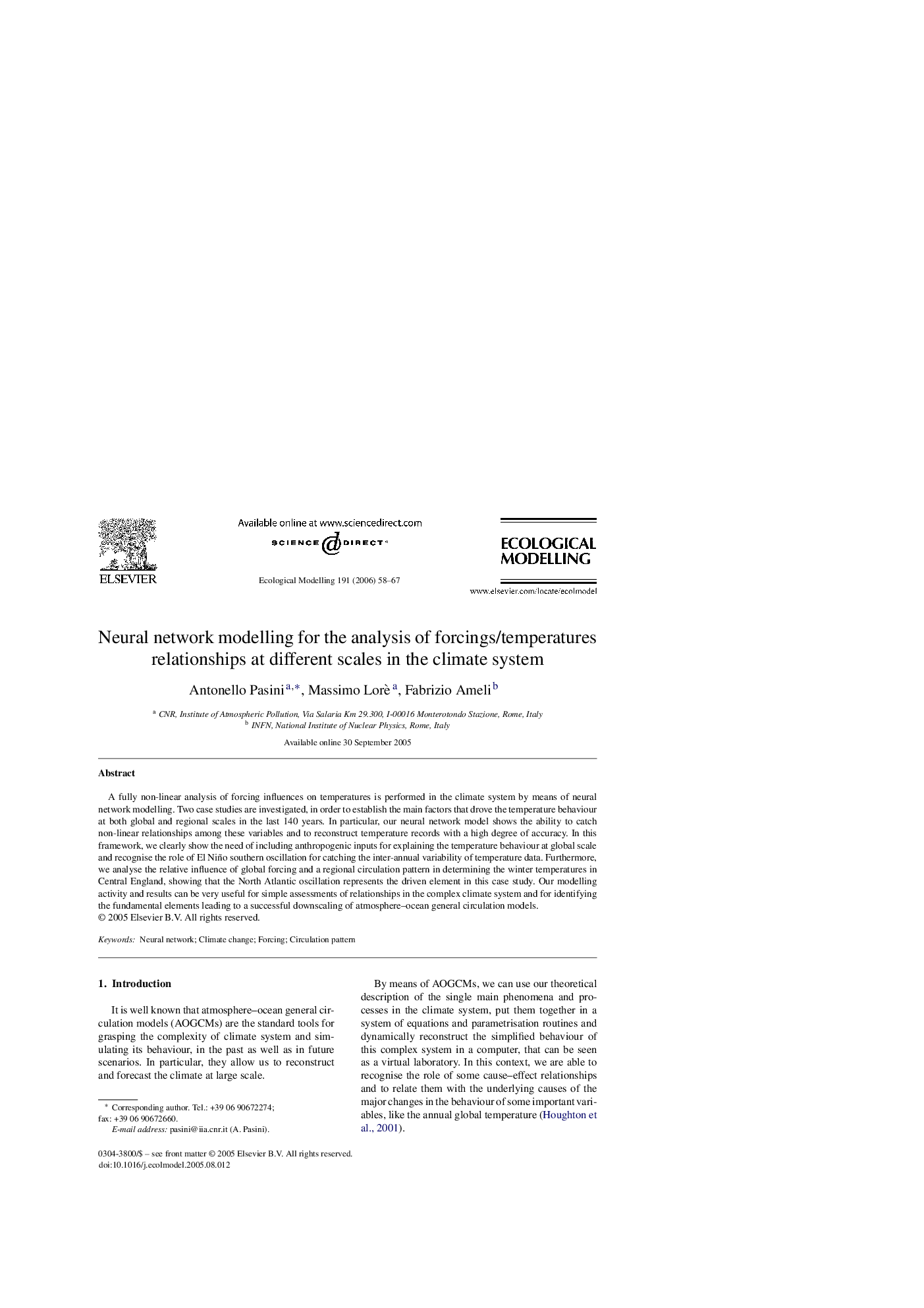 Neural network modelling for the analysis of forcings/temperatures relationships at different scales in the climate system