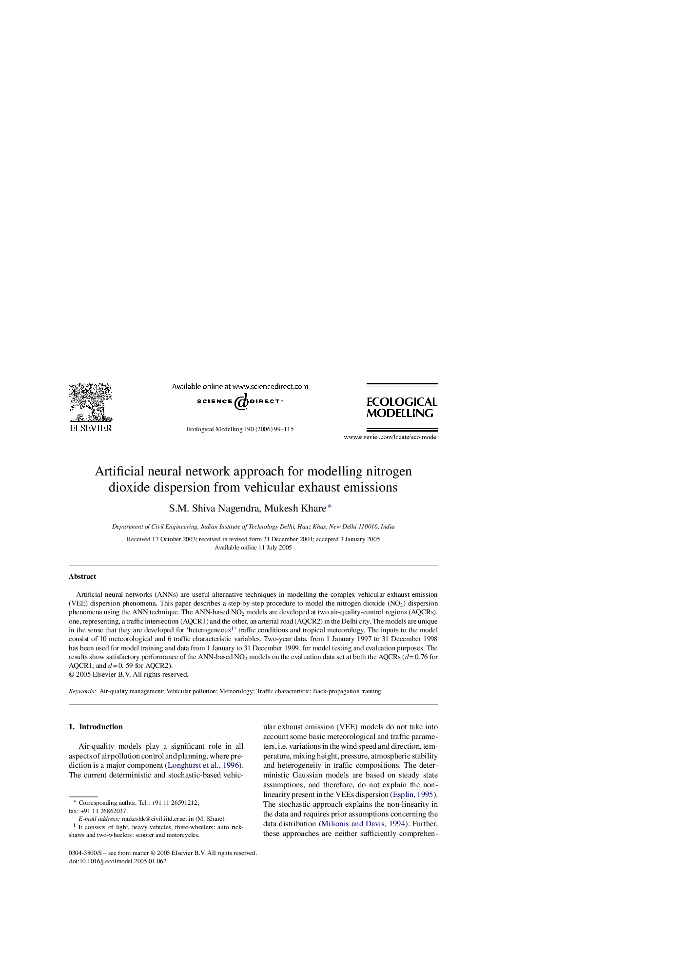 Artificial neural network approach for modelling nitrogen dioxide dispersion from vehicular exhaust emissions