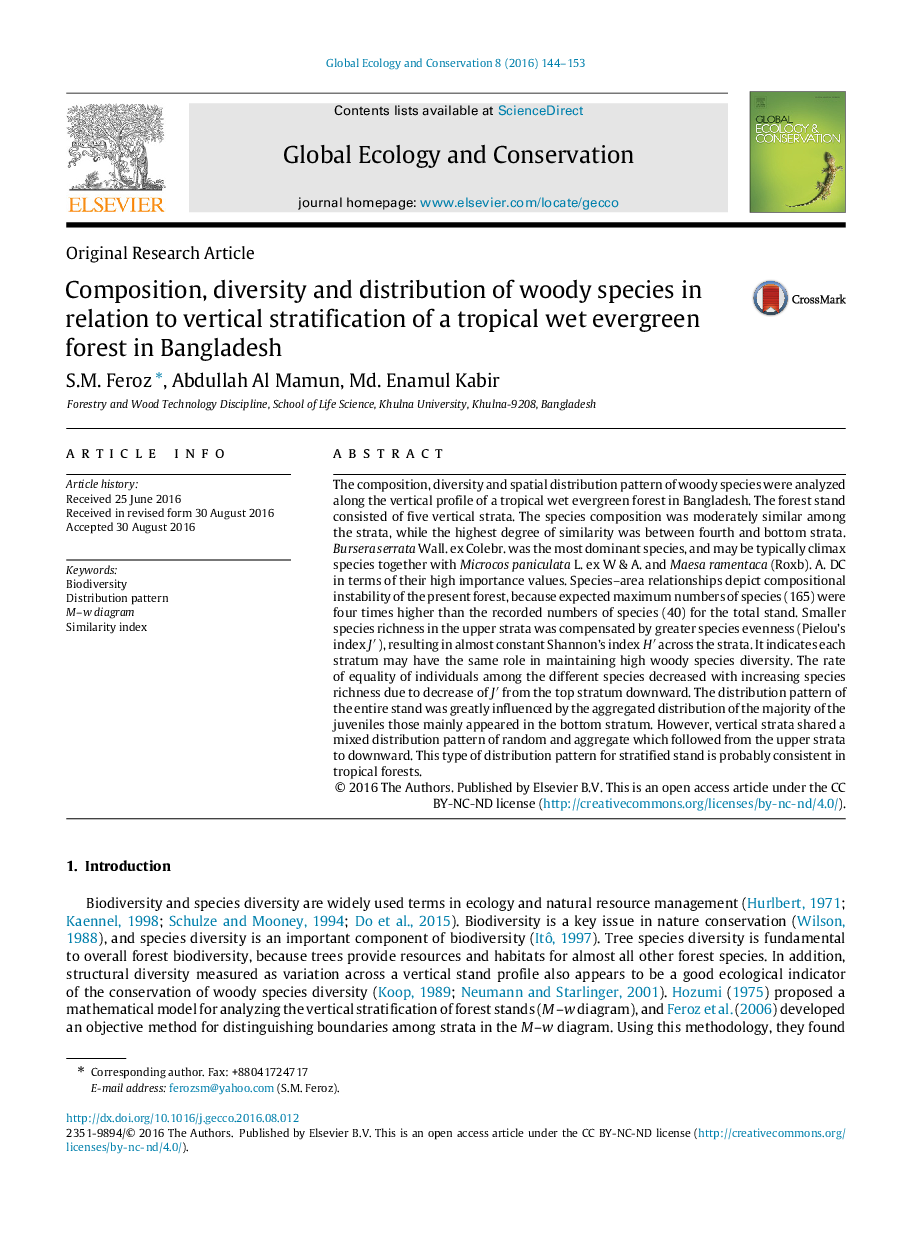 Composition, diversity and distribution of woody species in relation to vertical stratification of a tropical wet evergreen forest in Bangladesh