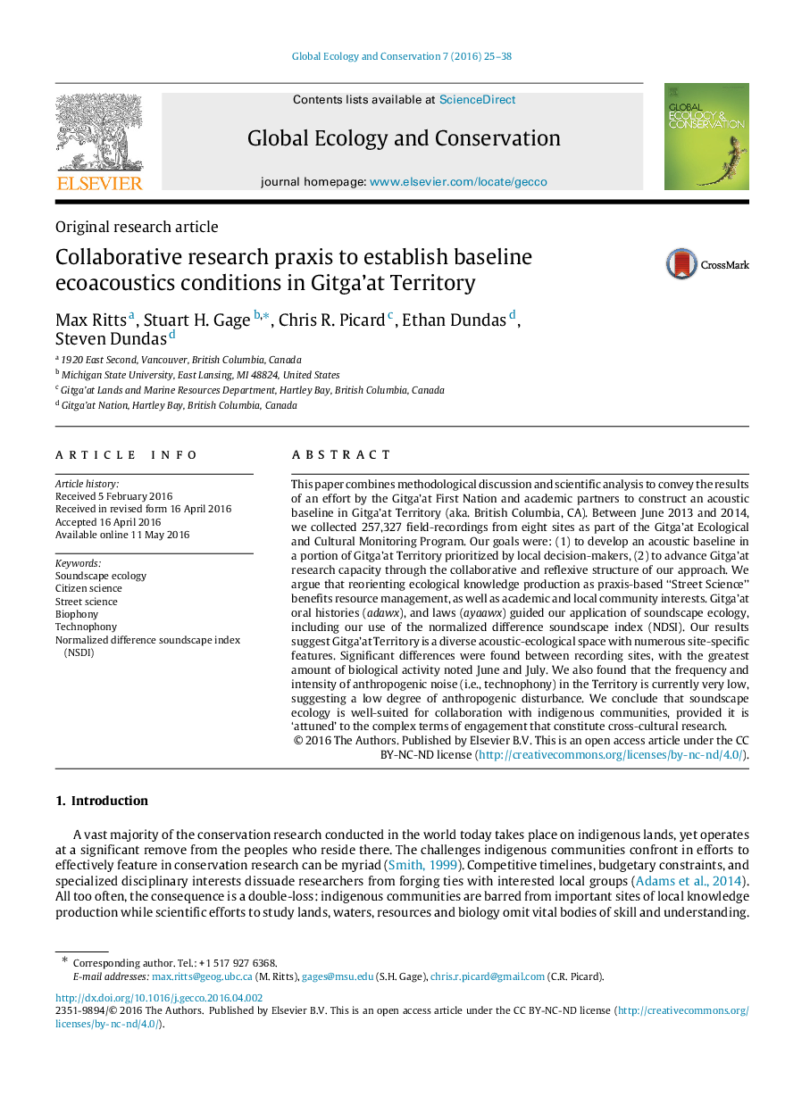 Collaborative research praxis to establish baseline ecoacoustics conditions in Gitga’at Territory