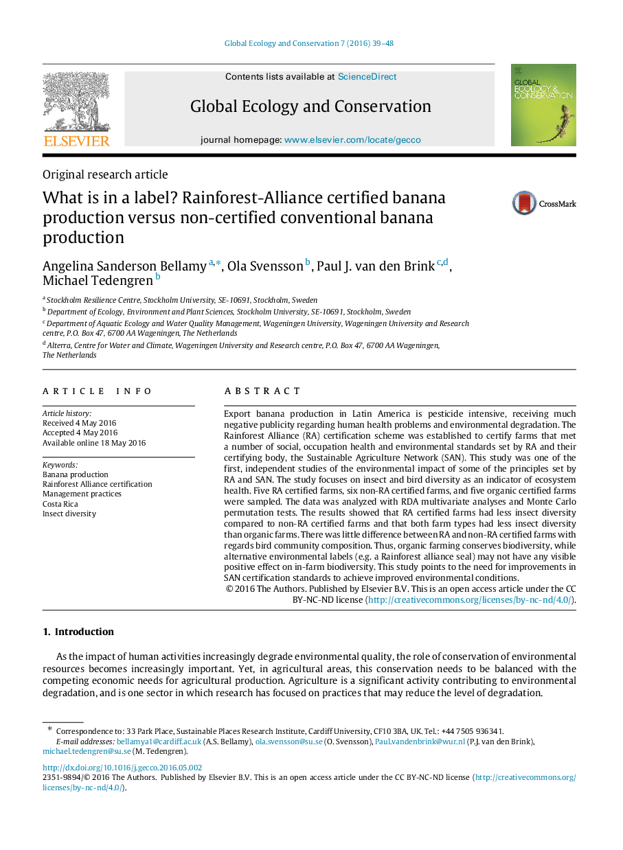 What is in a label? Rainforest-Alliance certified banana production versus non-certified conventional banana production