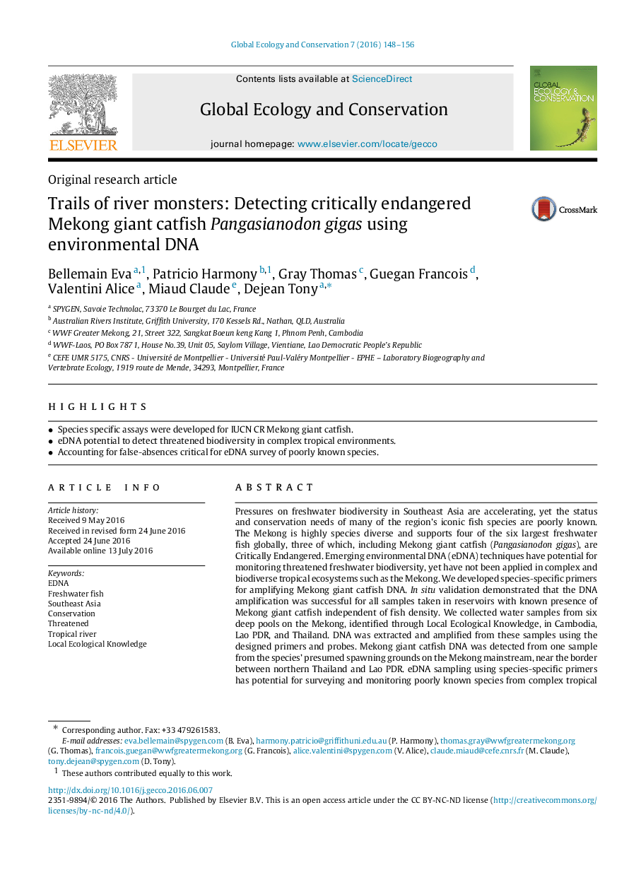 Trails of river monsters: Detecting critically endangered Mekong giant catfish Pangasianodon gigas using environmental DNA