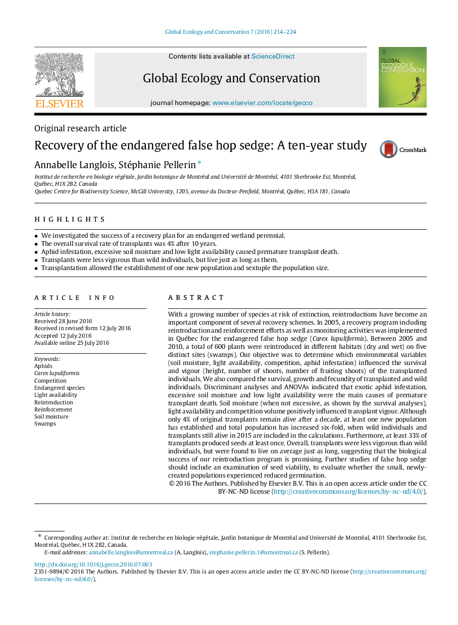 Recovery of the endangered false hop sedge: A ten-year study