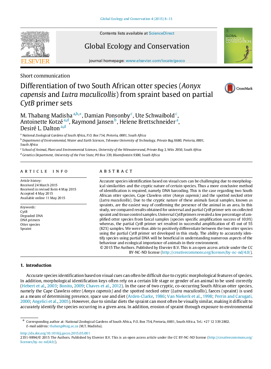 Differentiation of two South African otter species (Aonyx capensis and Lutra maculicollis) from spraint based on partial CytB primer sets