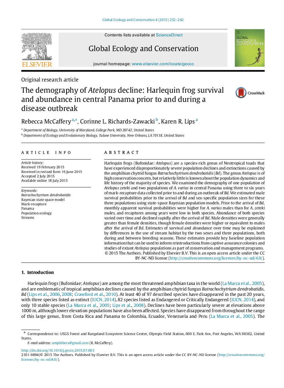 The demography of Atelopus decline: Harlequin frog survival and abundance in central Panama prior to and during a disease outbreak