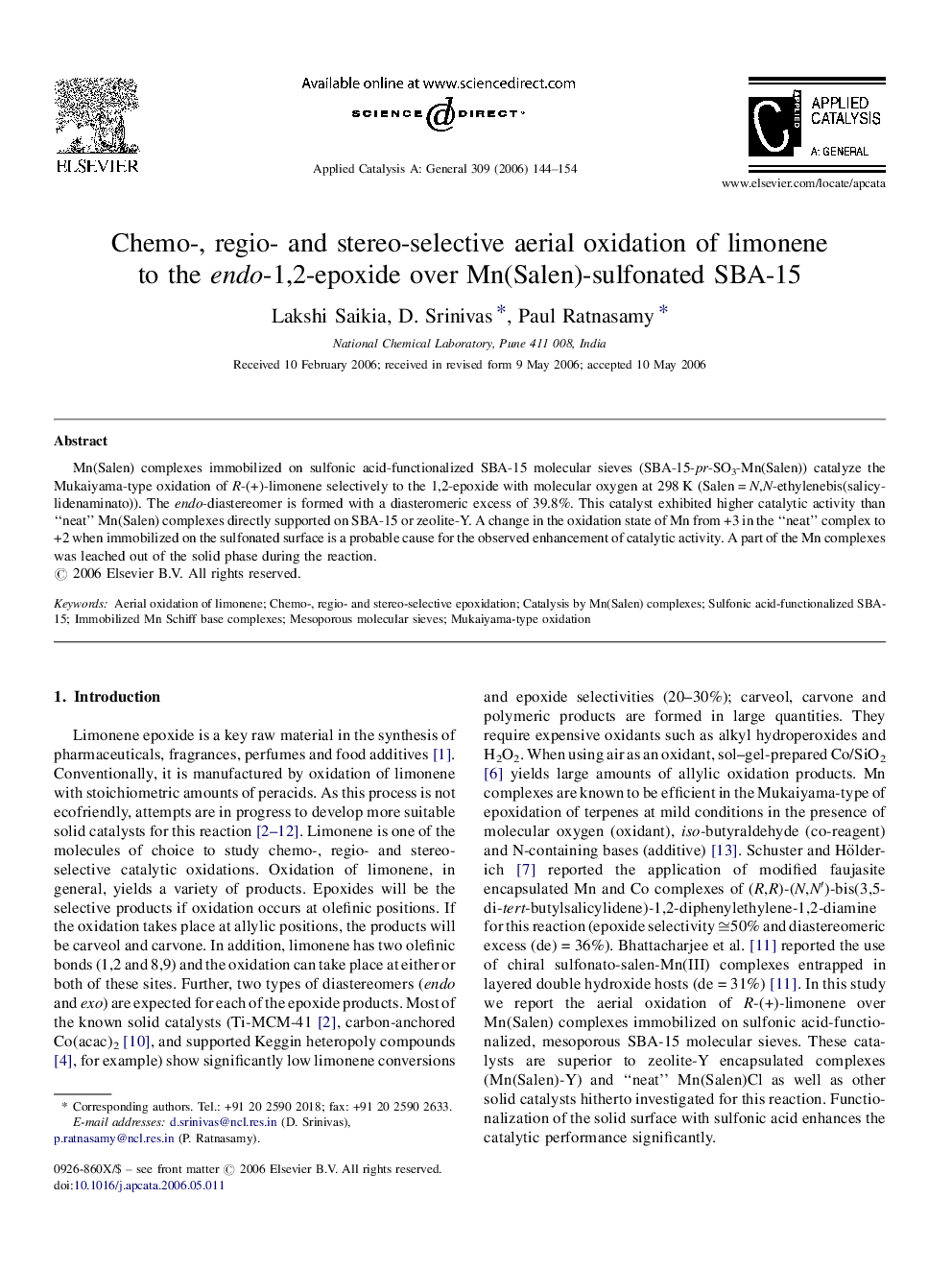 Chemo-, regio- and stereo-selective aerial oxidation of limonene to the endo-1,2-epoxide over Mn(Salen)-sulfonated SBA-15