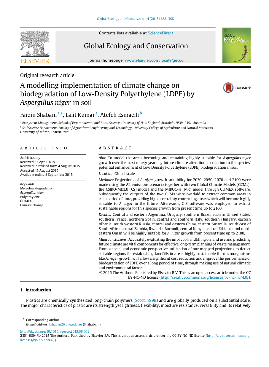 A modelling implementation of climate change on biodegradation of Low-Density Polyethylene (LDPE) by Aspergillus niger in soil