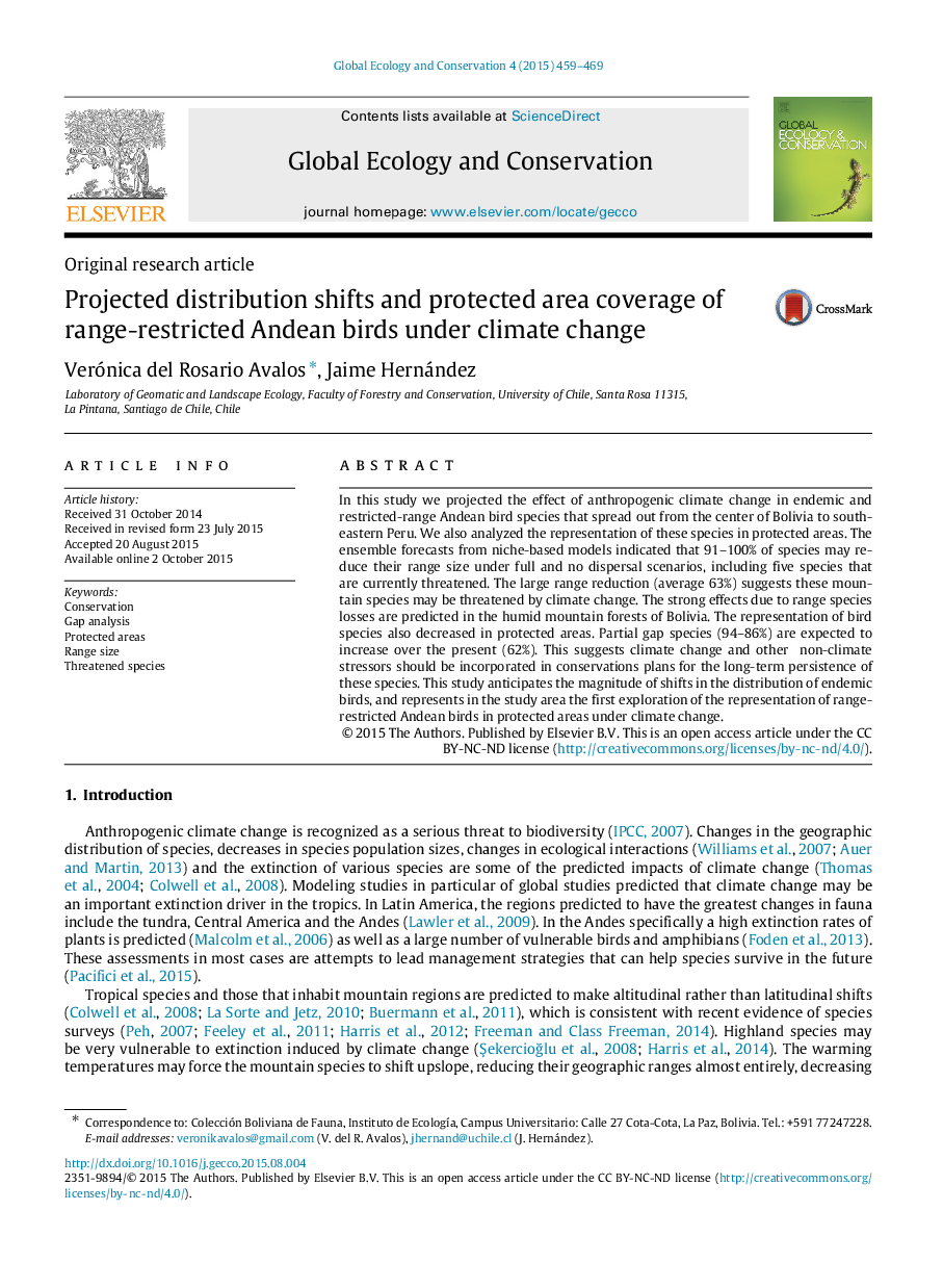 Projected distribution shifts and protected area coverage of range-restricted Andean birds under climate change