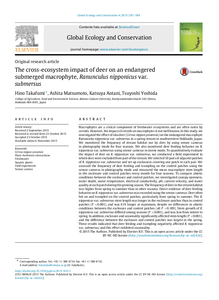 The cross-ecosystem impact of deer on an endangered submerged macrophyte, Ranunculus nipponicus var. submersus