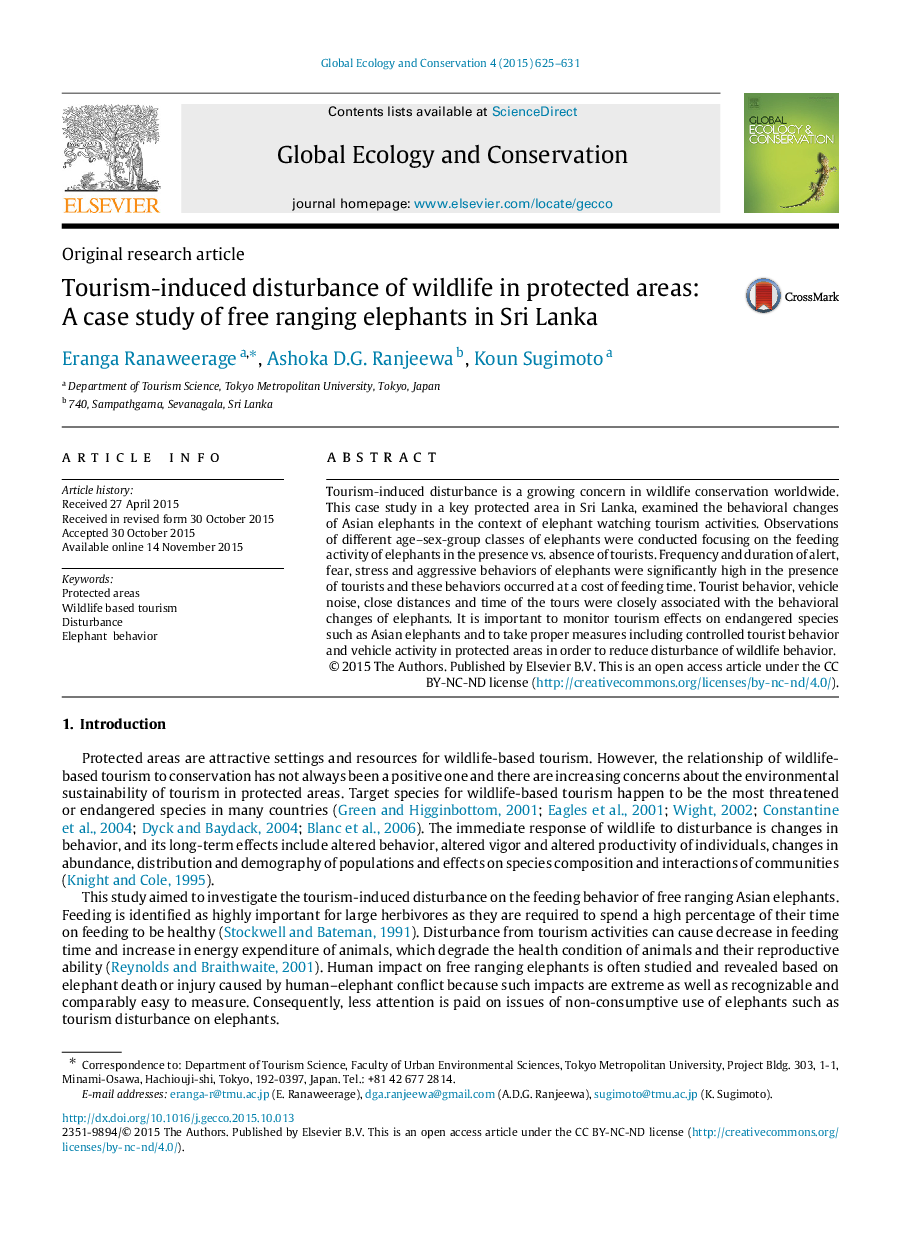 Tourism-induced disturbance of wildlife in protected areas: A case study of free ranging elephants in Sri Lanka