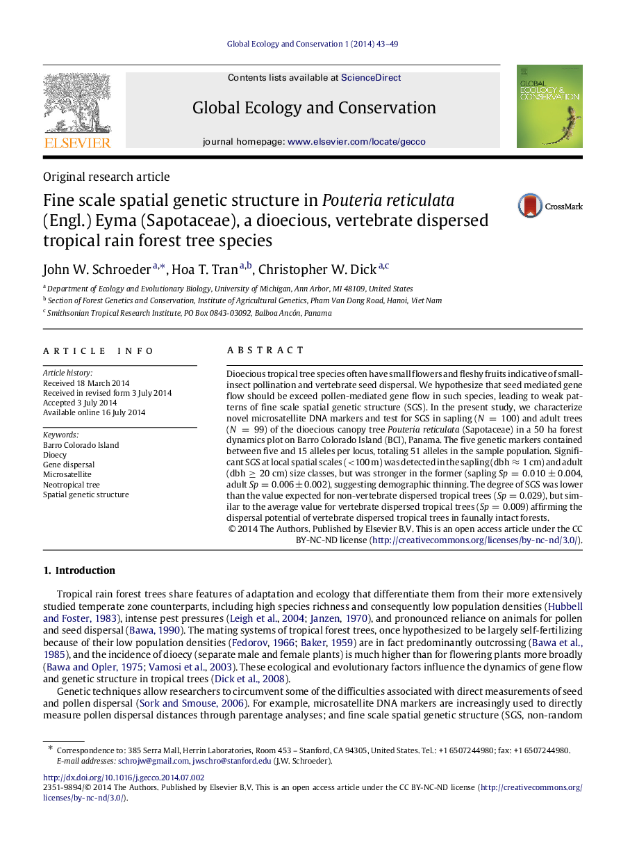 Fine scale spatial genetic structure in Pouteria reticulata (Engl.) Eyma (Sapotaceae), a dioecious, vertebrate dispersed tropical rain forest tree species