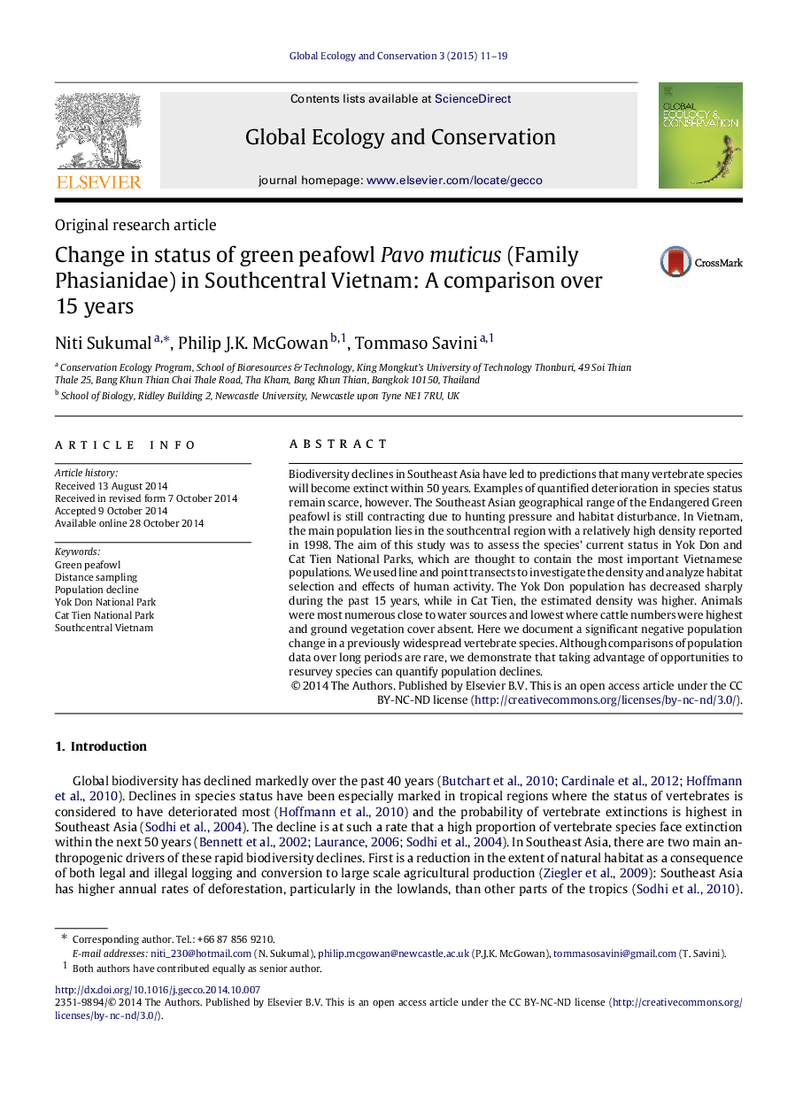 Change in status of green peafowl Pavo muticus (Family Phasianidae) in Southcentral Vietnam: A comparison over 15 years