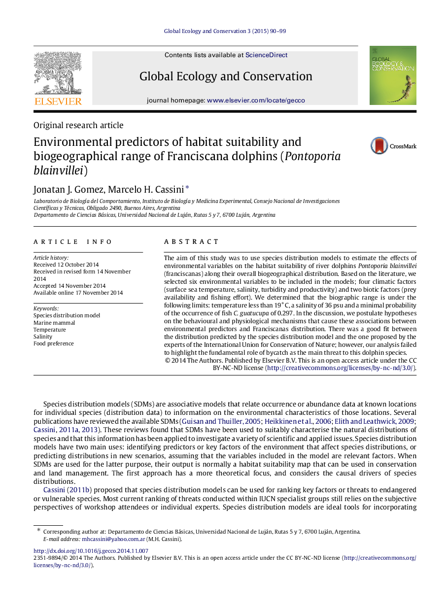 Environmental predictors of habitat suitability and biogeographical range of Franciscana dolphins (Pontoporia blainvillei)