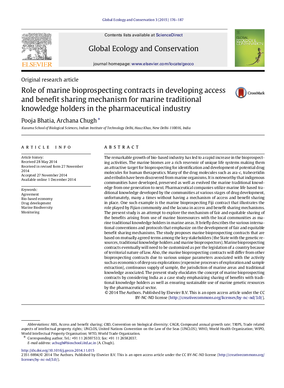 Role of marine bioprospecting contracts in developing access and benefit sharing mechanism for marine traditional knowledge holders in the pharmaceutical industry