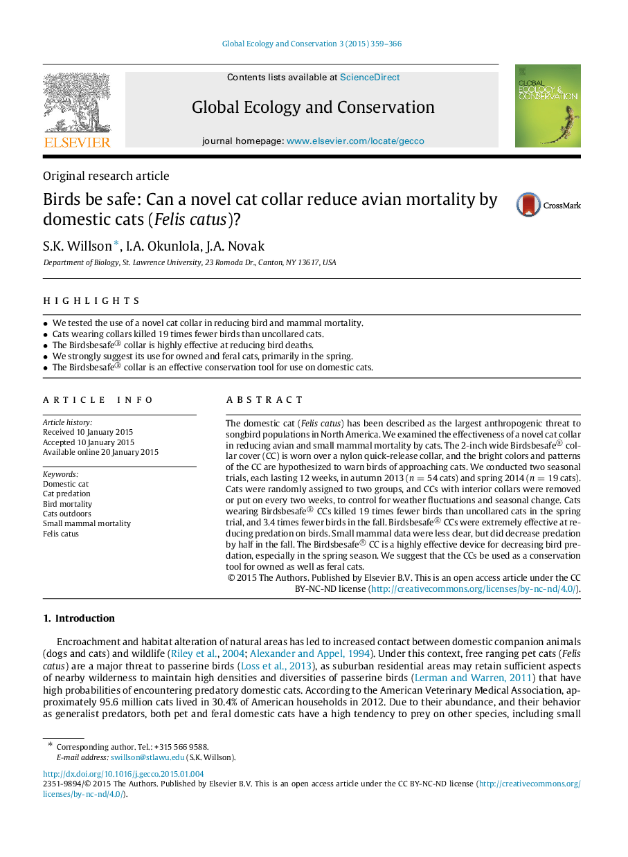 Birds be safe: Can a novel cat collar reduce avian mortality by domestic cats (Felis catus)?