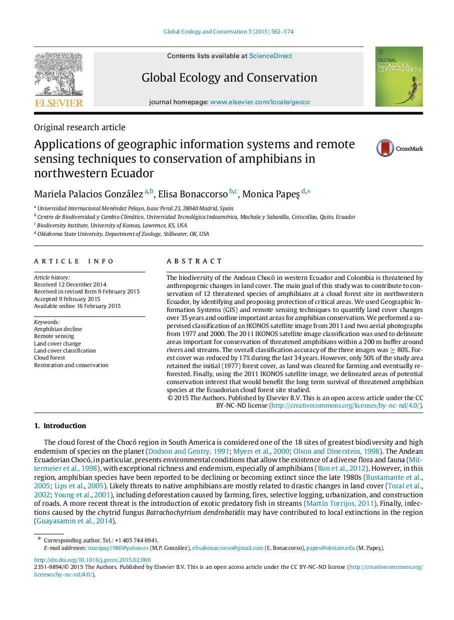 Applications of geographic information systems and remote sensing techniques to conservation of amphibians in northwestern Ecuador