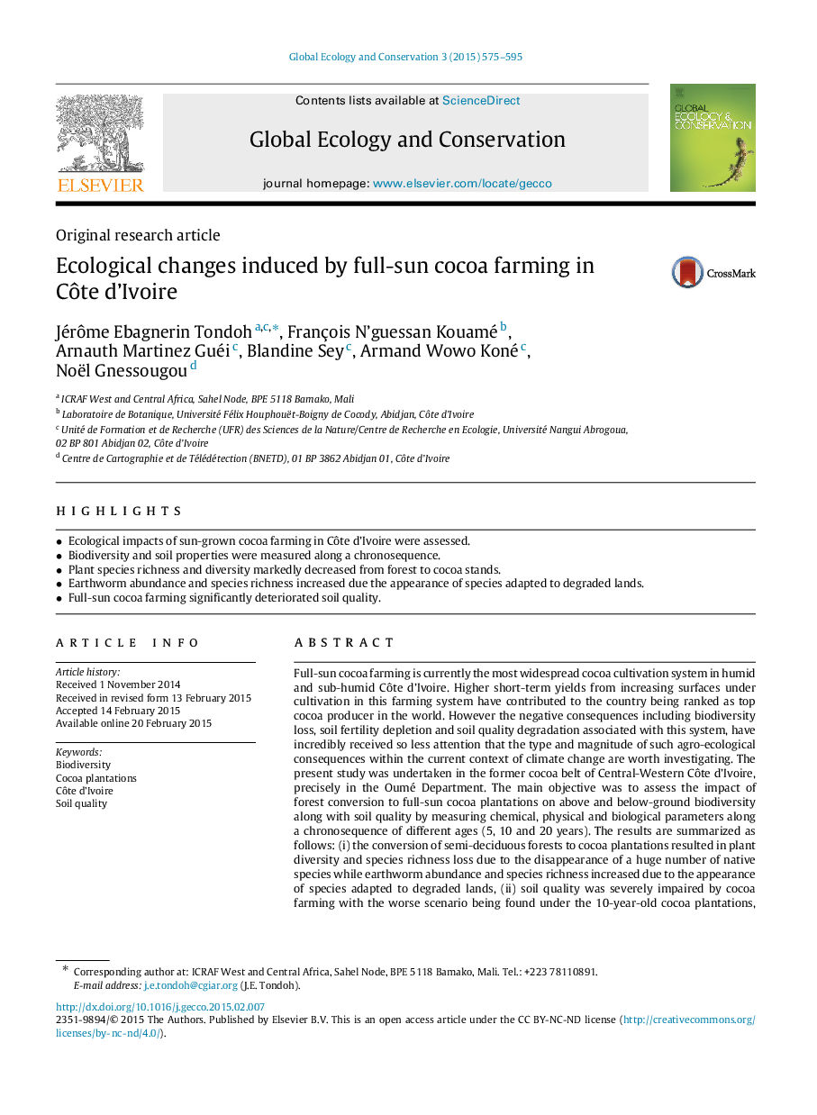 Ecological changes induced by full-sun cocoa farming in Côte d’Ivoire