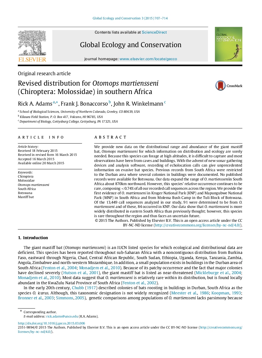 Revised distribution for Otomops martiensseni (Chiroptera: Molossidae) in southern Africa