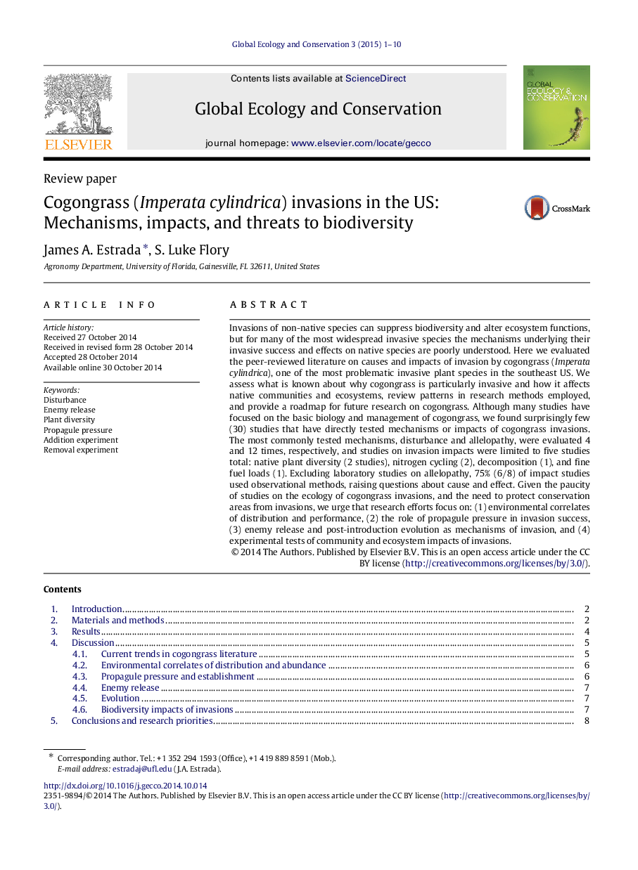 Cogongrass (Imperata cylindrica) invasions in the US: Mechanisms, impacts, and threats to biodiversity