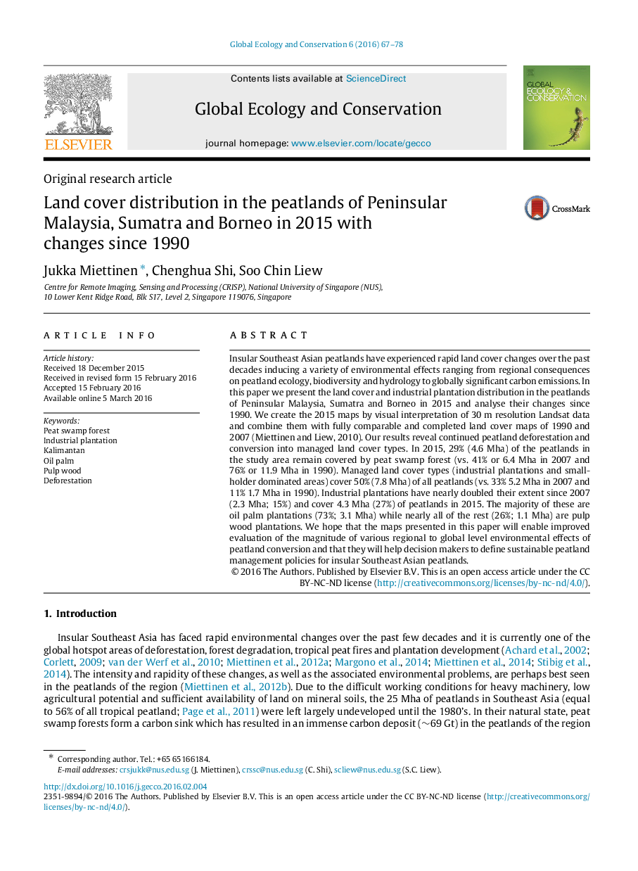 Land cover distribution in the peatlands of Peninsular Malaysia, Sumatra and Borneo in 2015 with changes since 1990