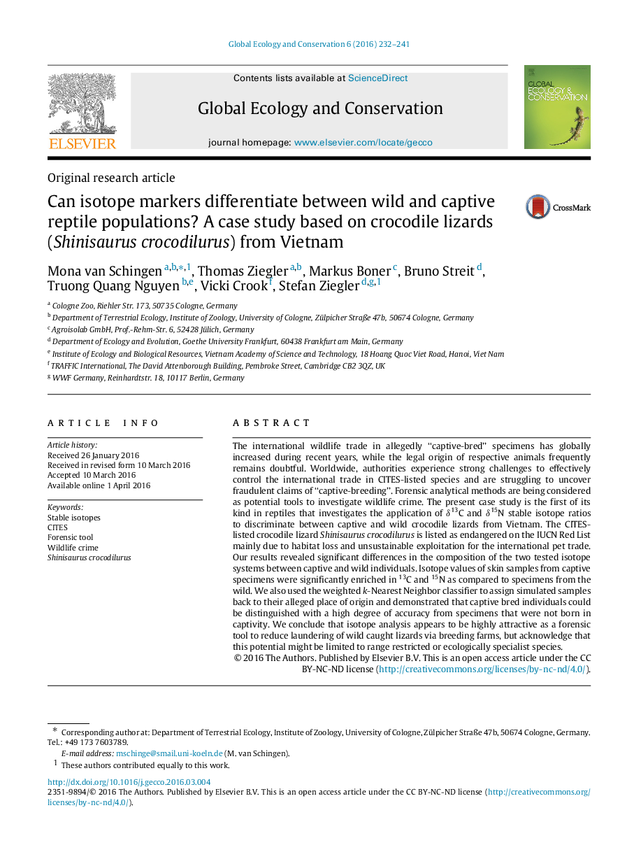 Can isotope markers differentiate between wild and captive reptile populations? A case study based on crocodile lizards (Shinisaurus crocodilurus) from Vietnam