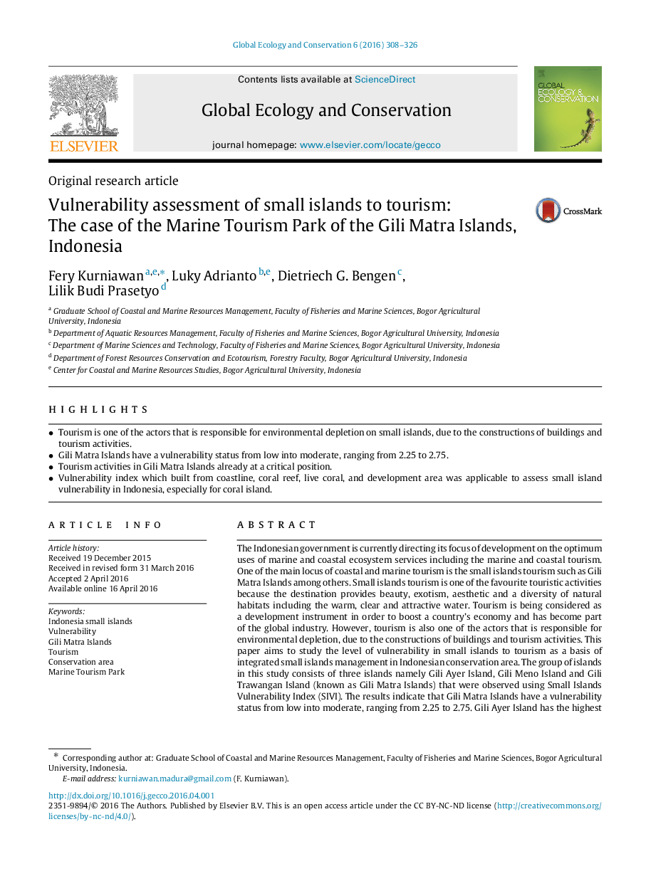 Vulnerability assessment of small islands to tourism: The case of the Marine Tourism Park of the Gili Matra Islands, Indonesia