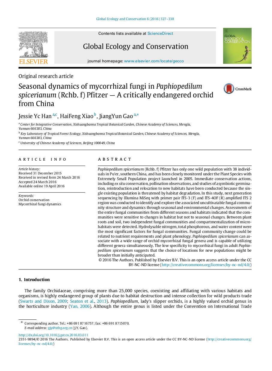 Seasonal dynamics of mycorrhizal fungi in Paphiopedilum spicerianum (Rchb. f) Pfitzer — A critically endangered orchid from China