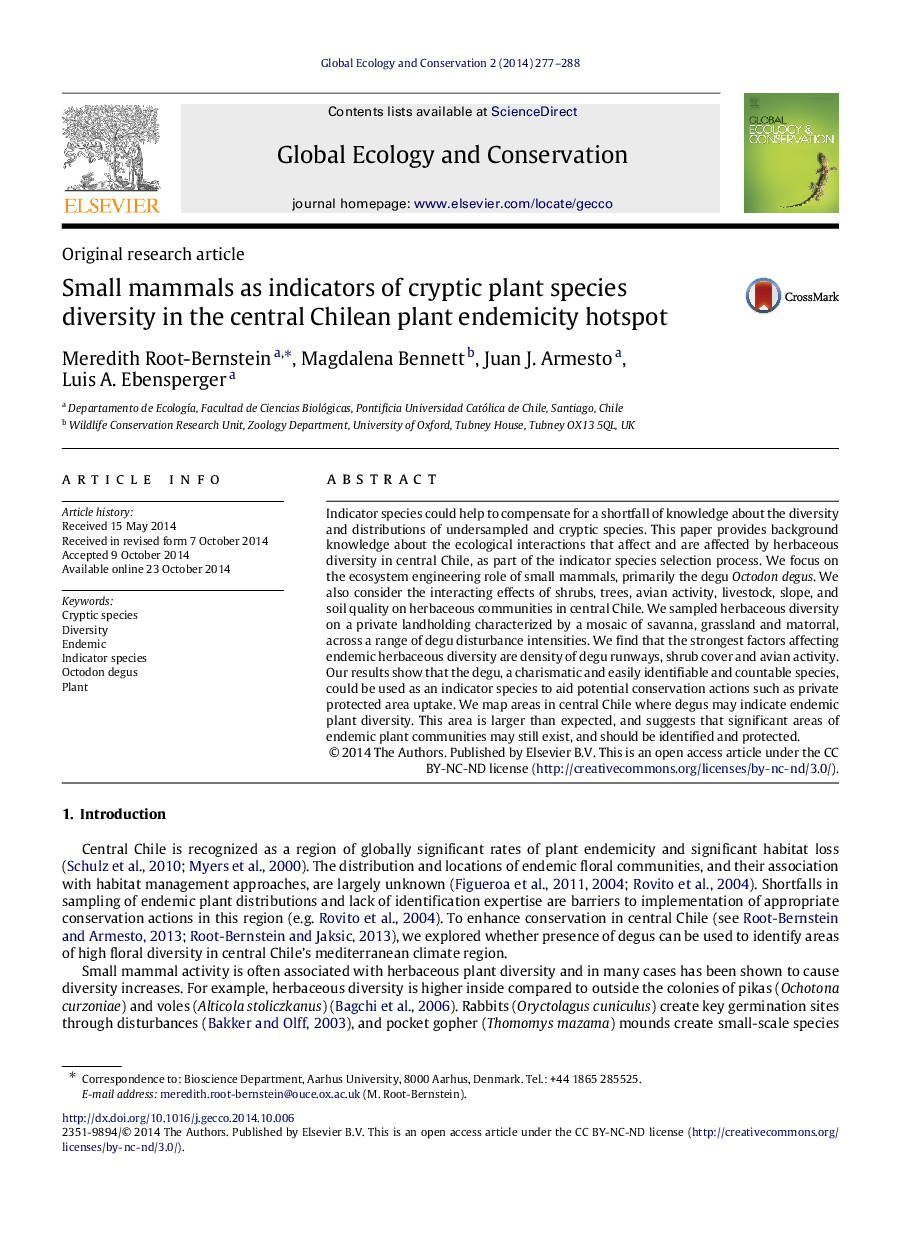 Small mammals as indicators of cryptic plant species diversity in the central Chilean plant endemicity hotspot