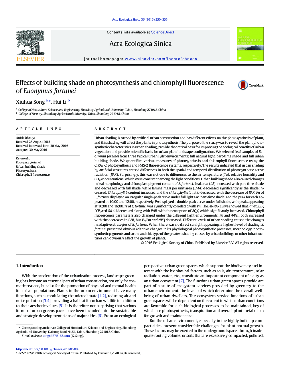 Effects of building shade on photosynthesis and chlorophyll fluorescence of Euonymus fortunei