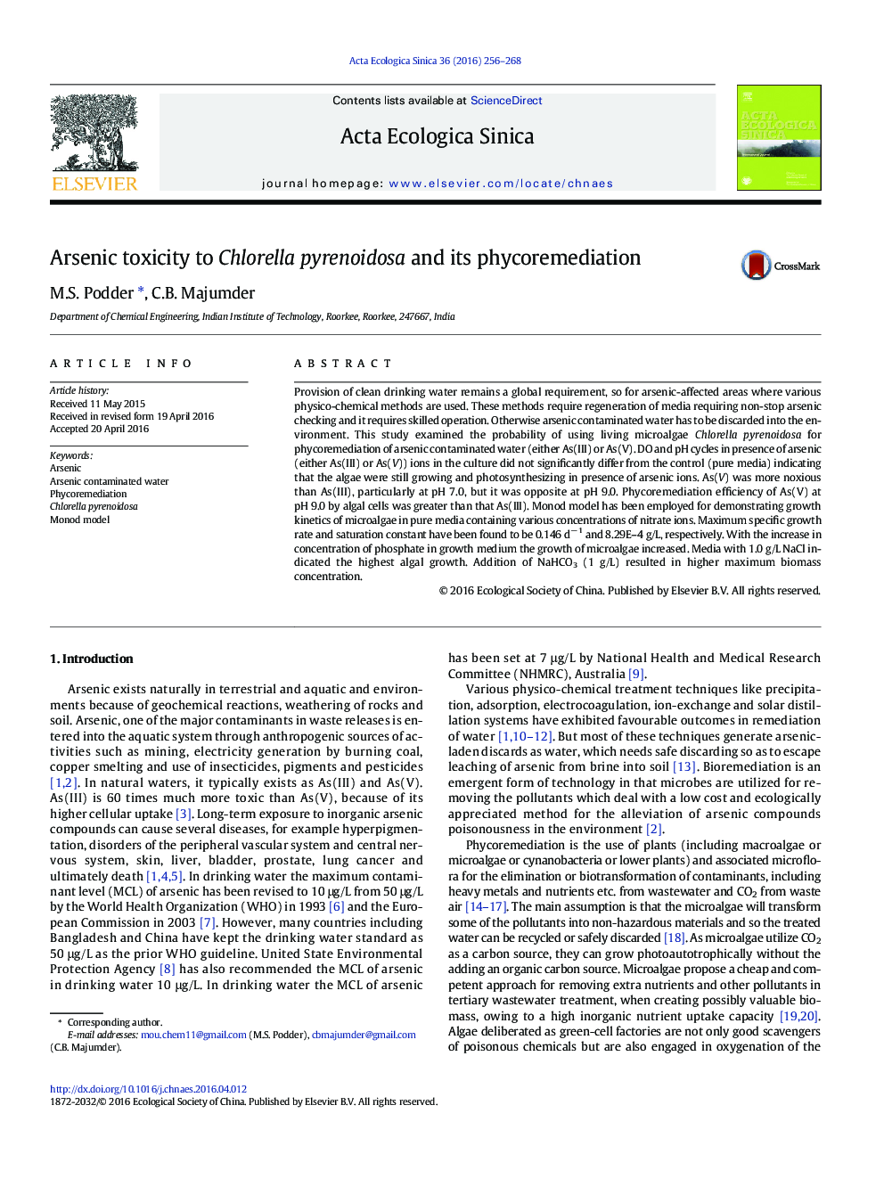 Arsenic toxicity to Chlorella pyrenoidosa and its phycoremediation