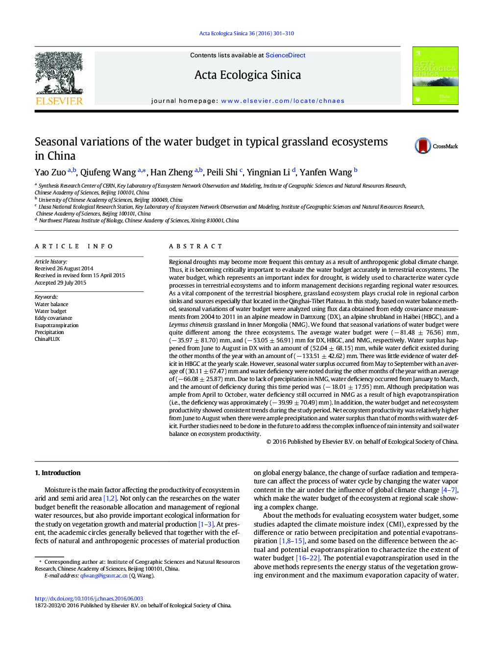 Seasonal variations of the water budget in typical grassland ecosystems in China