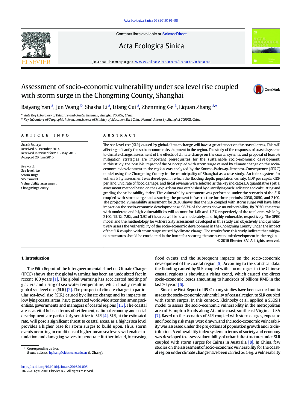 Assessment of socio-economic vulnerability under sea level rise coupled with storm surge in the Chongming County, Shanghai