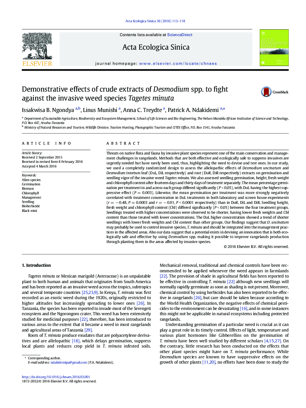 Demonstrative effects of crude extracts of Desmodium spp. to fight against the invasive weed species Tagetes minuta