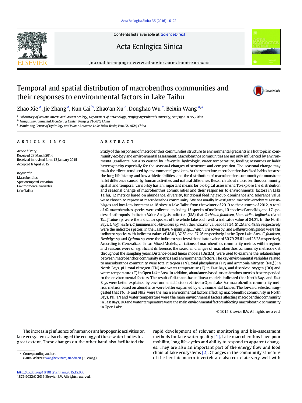 Temporal and spatial distribution of macrobenthos communities and their responses to environmental factors in Lake Taihu