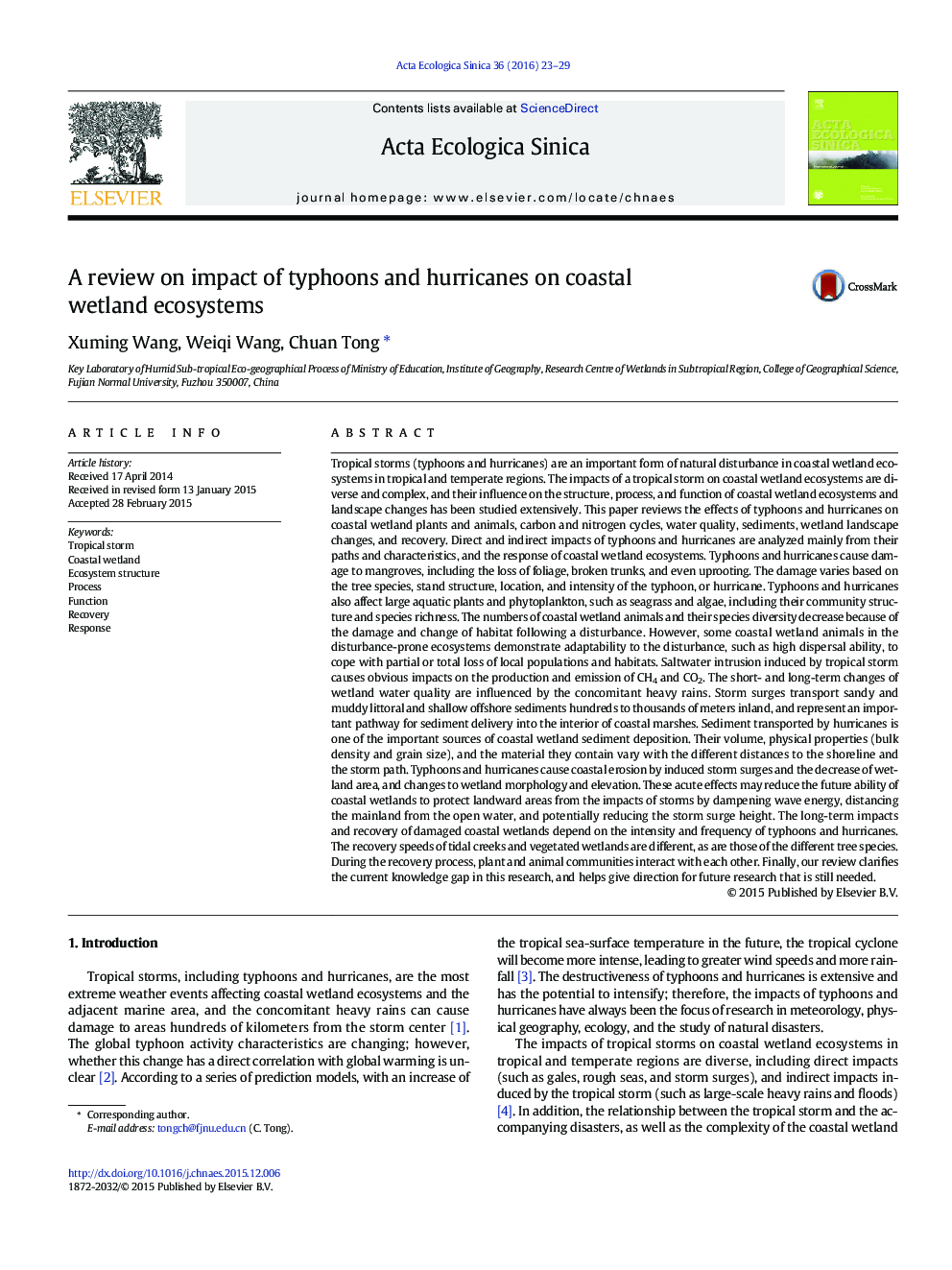 A review on impact of typhoons and hurricanes on coastal wetland ecosystems