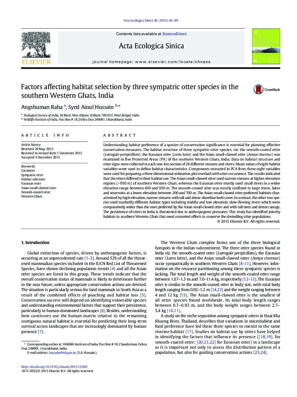 Factors affecting habitat selection by three sympatric otter species in the southern Western Ghats, India