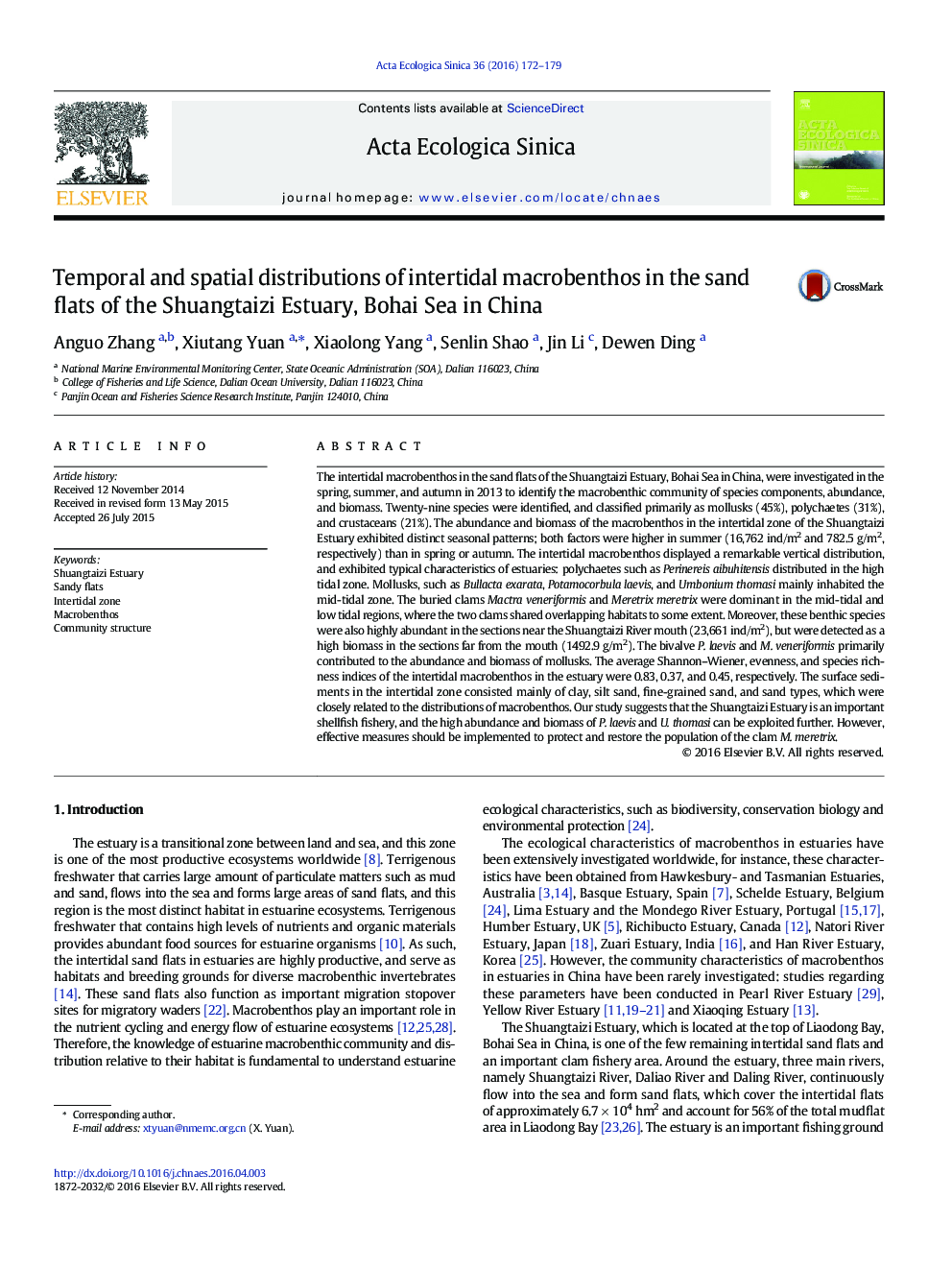 Temporal and spatial distributions of intertidal macrobenthos in the sand flats of the Shuangtaizi Estuary, Bohai Sea in China