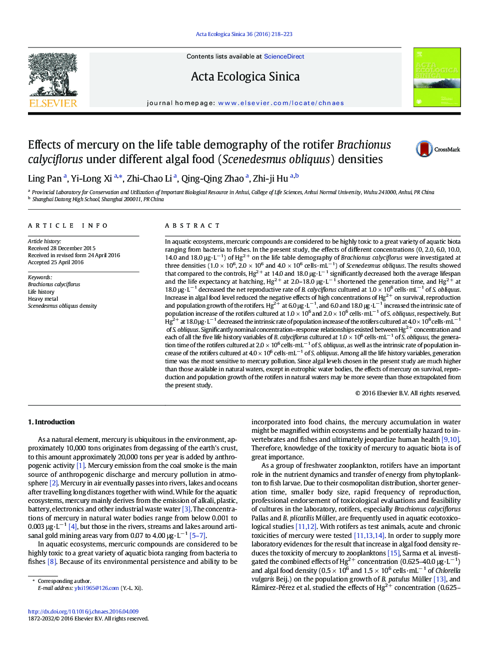 Effects of mercury on the life table demography of the rotifer Brachionus calyciflorus under different algal food (Scenedesmus obliquus) densities