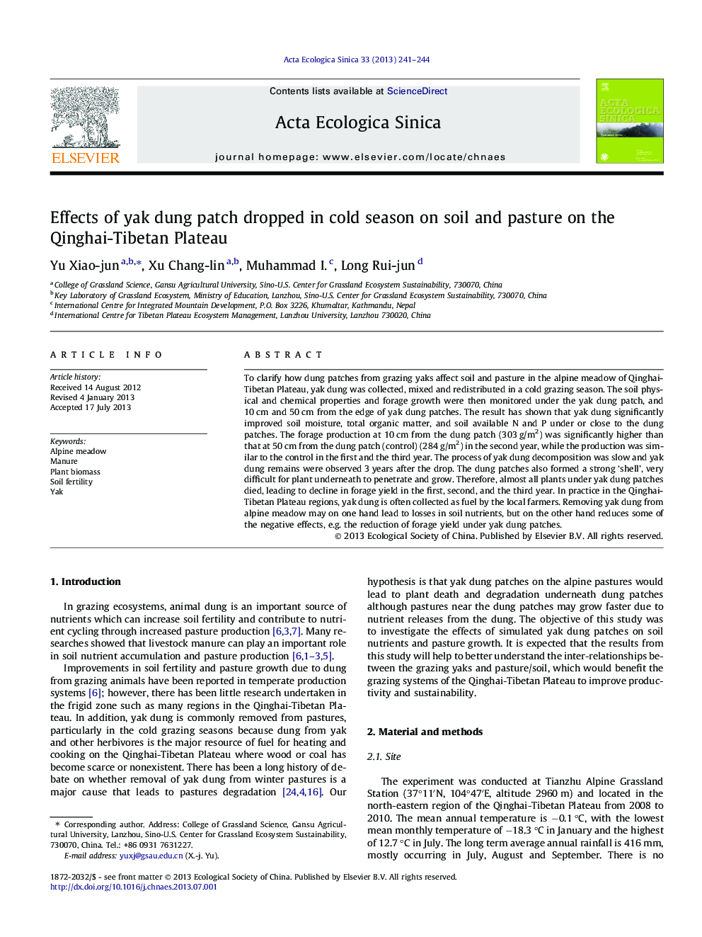 Effects of yak dung patch dropped in cold season on soil and pasture on the Qinghai-Tibetan Plateau